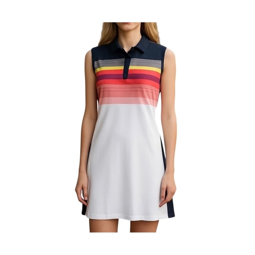 Callaway Opti-Dri Golf Polo Dress Sleeveless‎ Geometric Stripe White Navy Medium